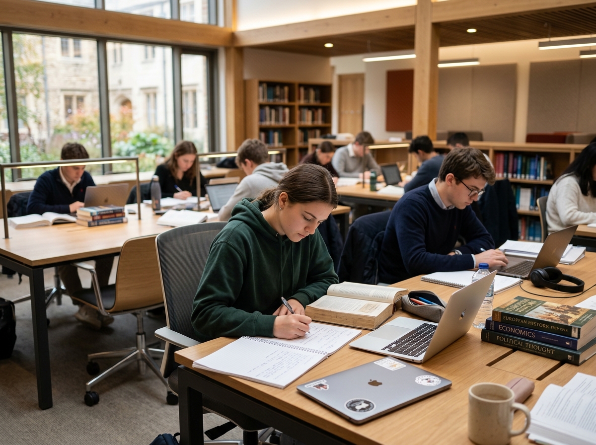 Focused students preparing for competitive exams in modern study hall