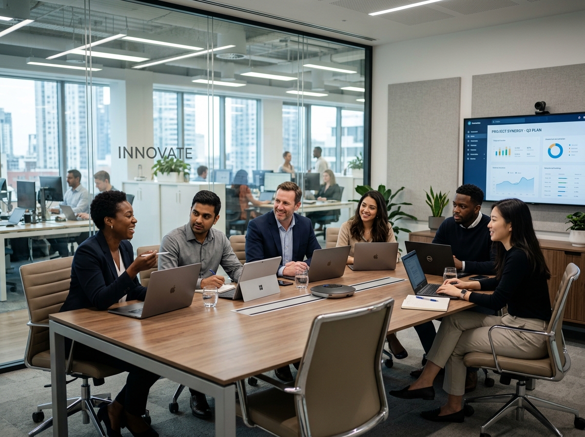 Modern professional team collaborating deeply in conference room