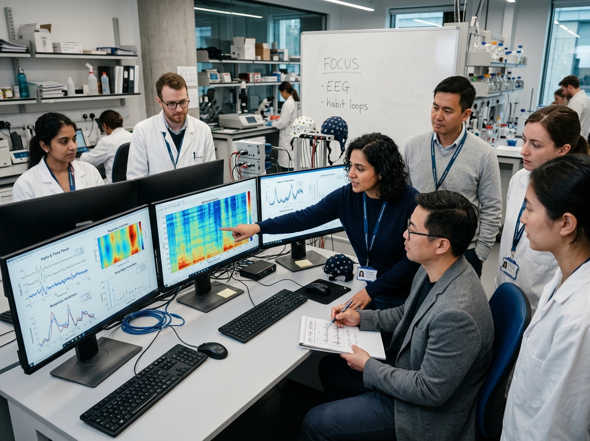Behavioral science researchers analyzing focus and habit loop data