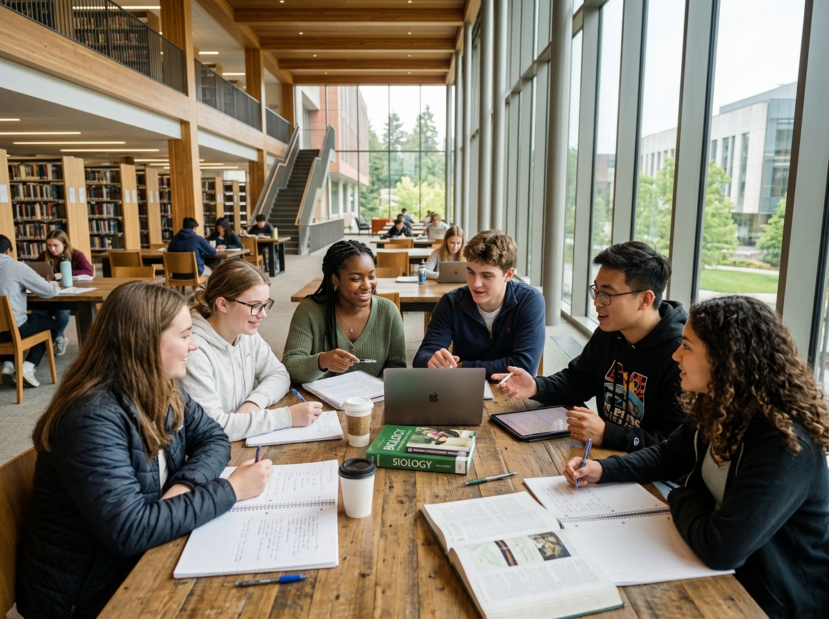 Students studying together productively in modern school campus library