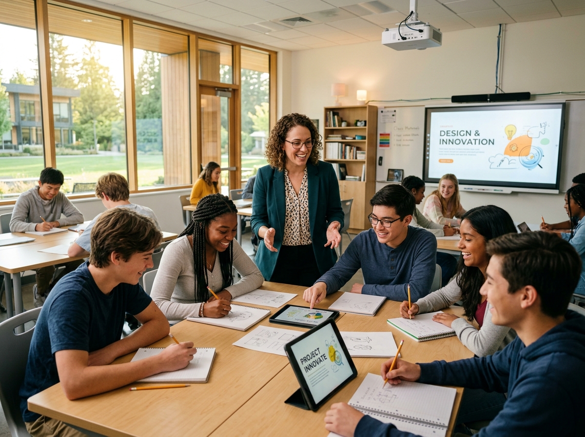 Inspiring teacher collaborating with focused students in modern classroom