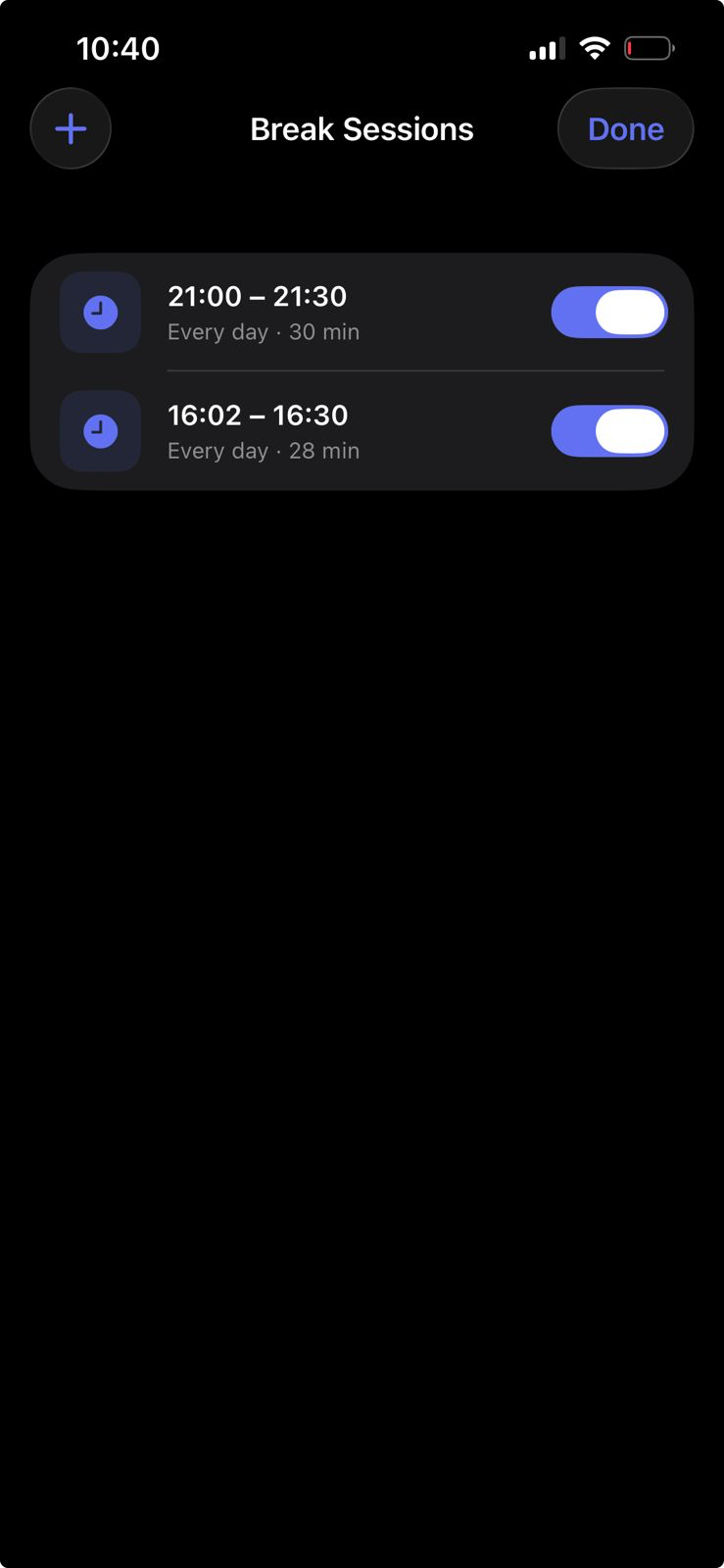 Parent schedule and break settings screen